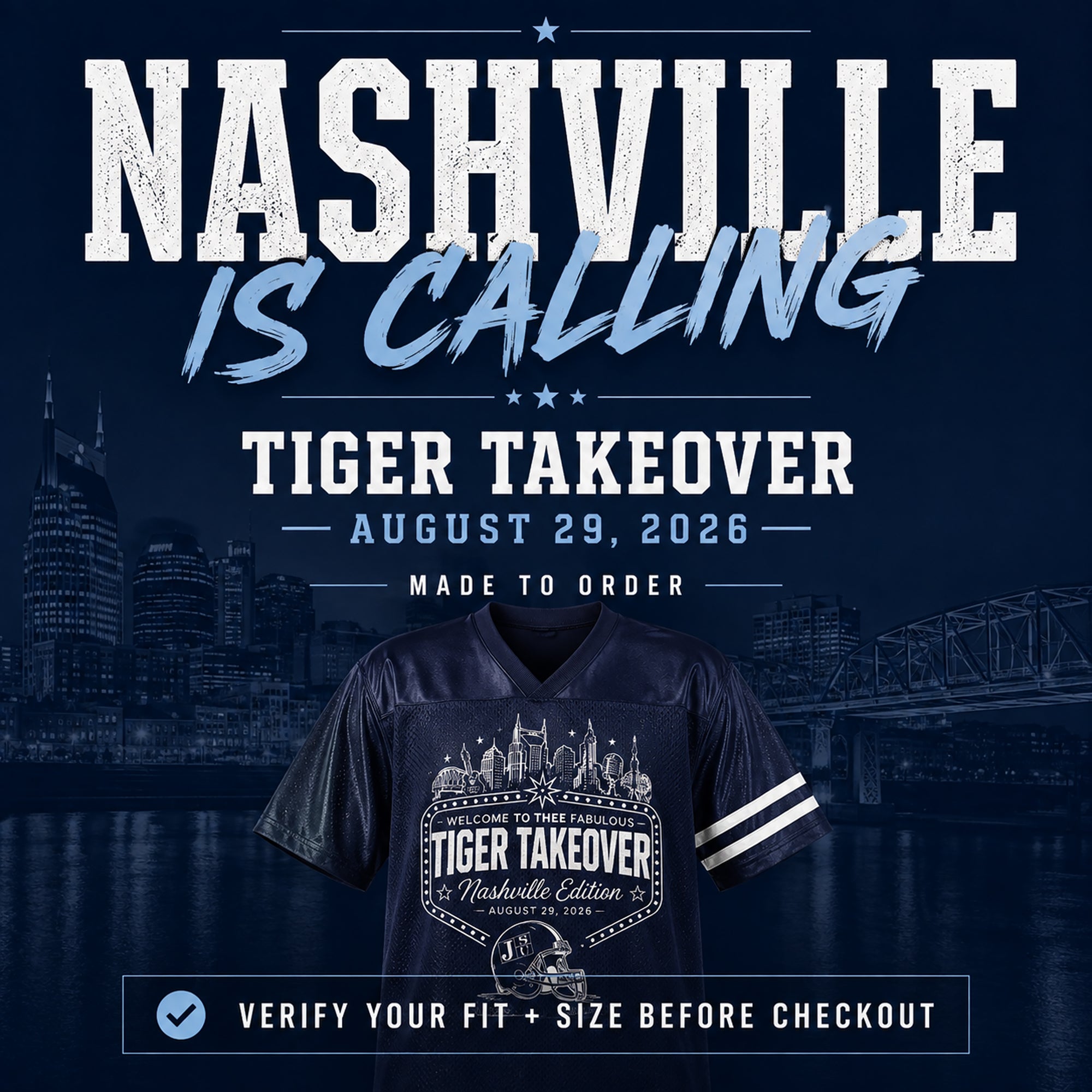 Navy jersey with centered Tiger Takeover Nashville Edition badge and white sleeve stripes