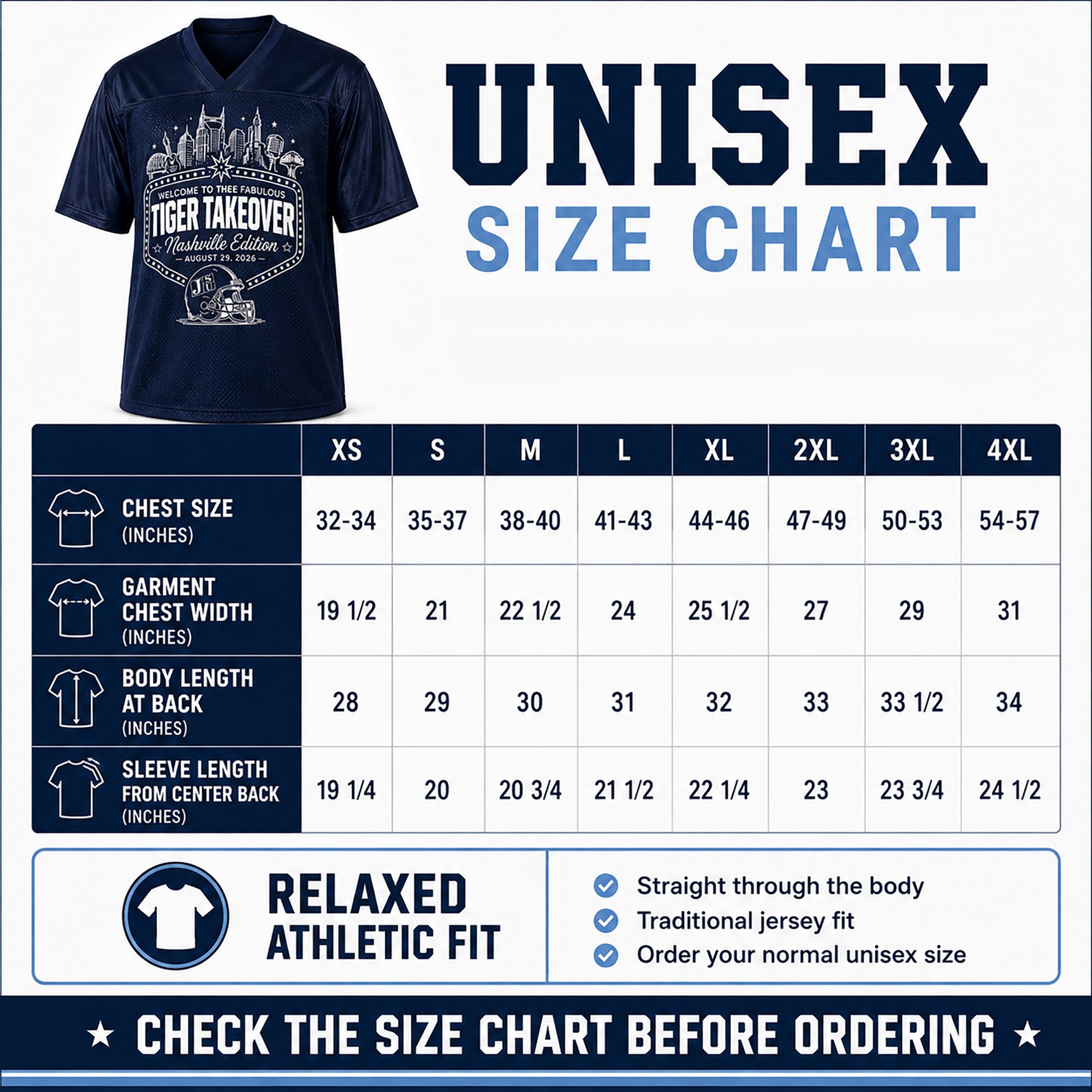 Dark navy short-sleeve jersey with tiger-themed front graphic, relaxed athletic fit