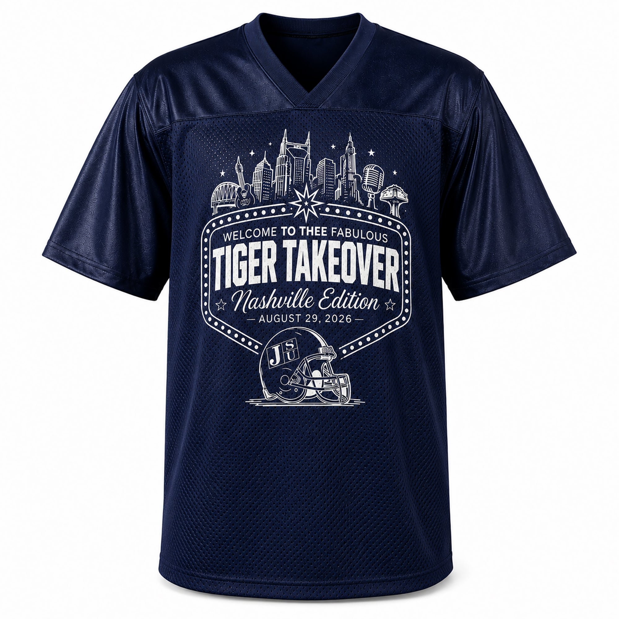 Navy short-sleeve V-neck jersey with Tiger Takeover Nashville Edition graphic on chest