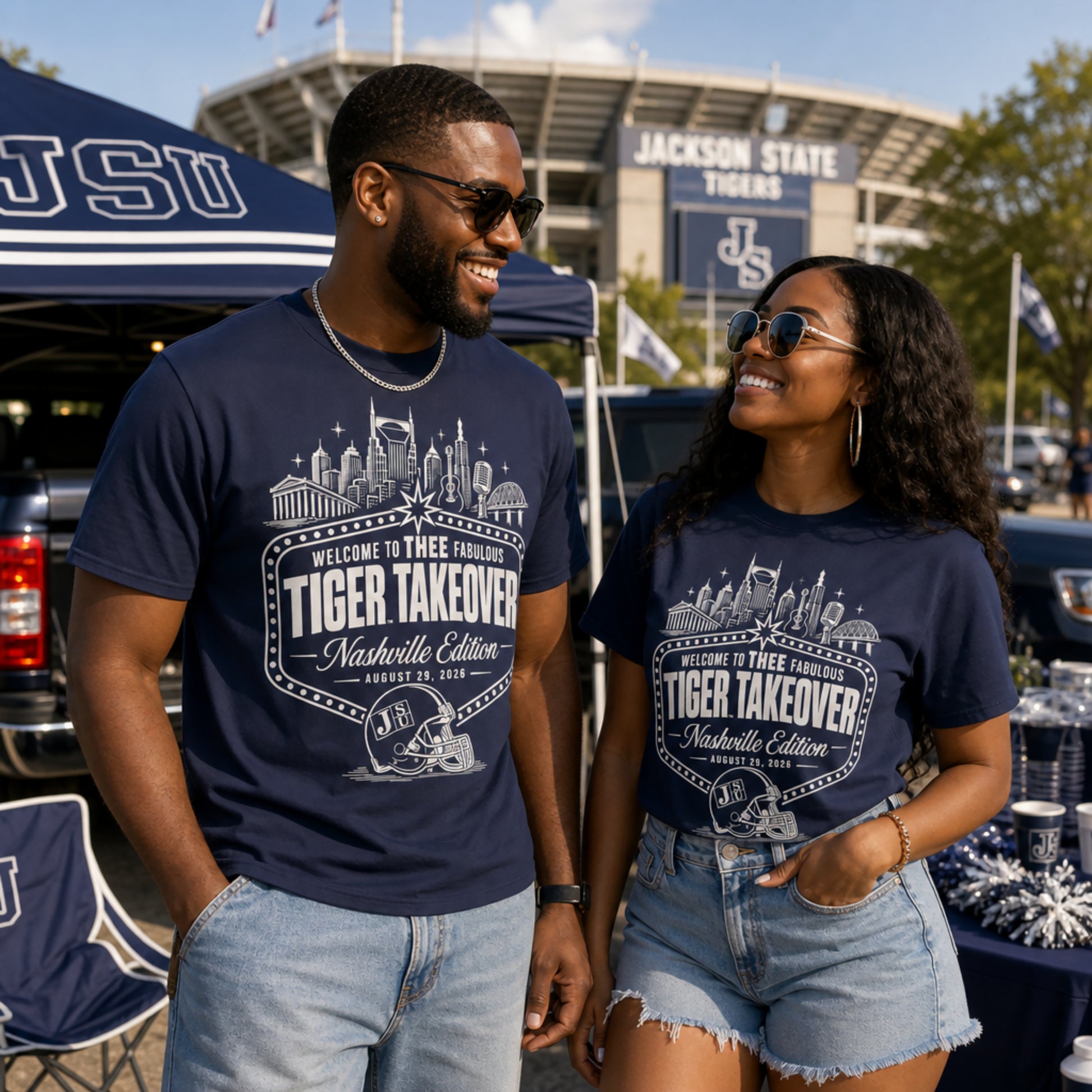 Jackson State alumni wearing Nashville Tiger Takeover shirts at the stadium