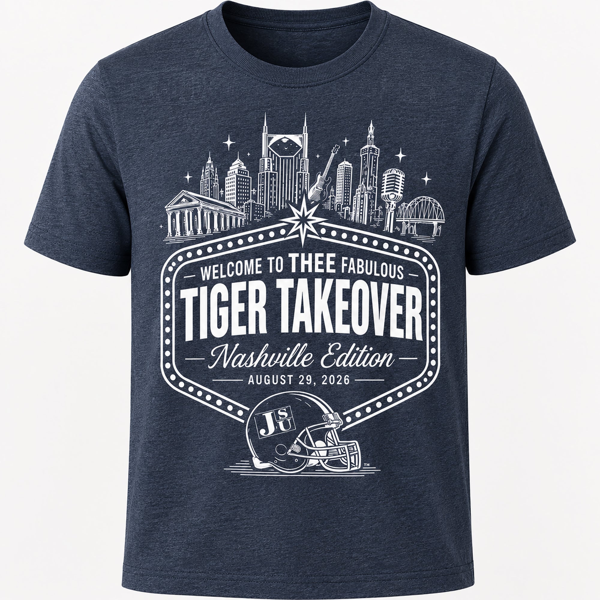 Heather Navy Jackson State Nashville Tiger Takeover T-shirt with white design