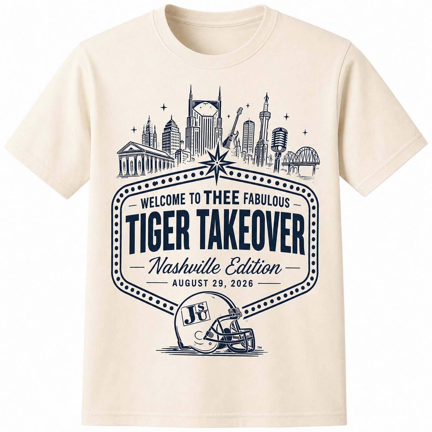 Natural Jackson State Nashville Tiger Takeover T-shirt with navy design