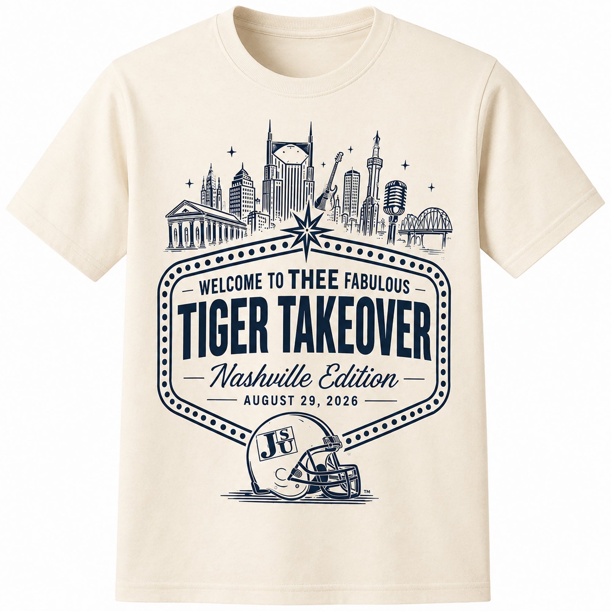 Natural Jackson State Nashville Tiger Takeover T-shirt with navy design