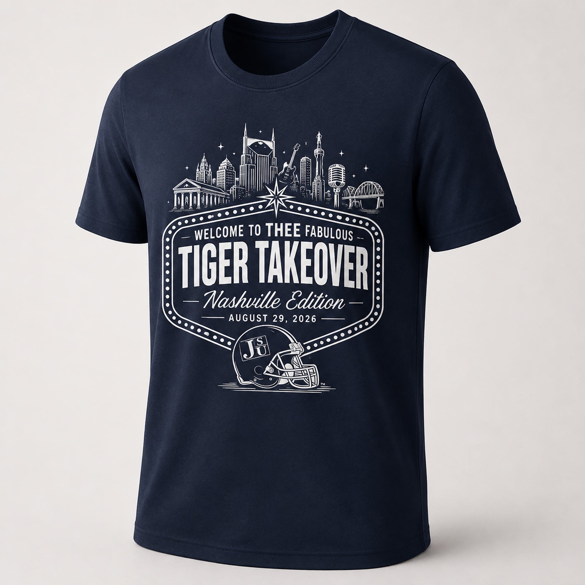 Navy blue Jackson State Nashville Tiger Takeover T-shirt with white design
