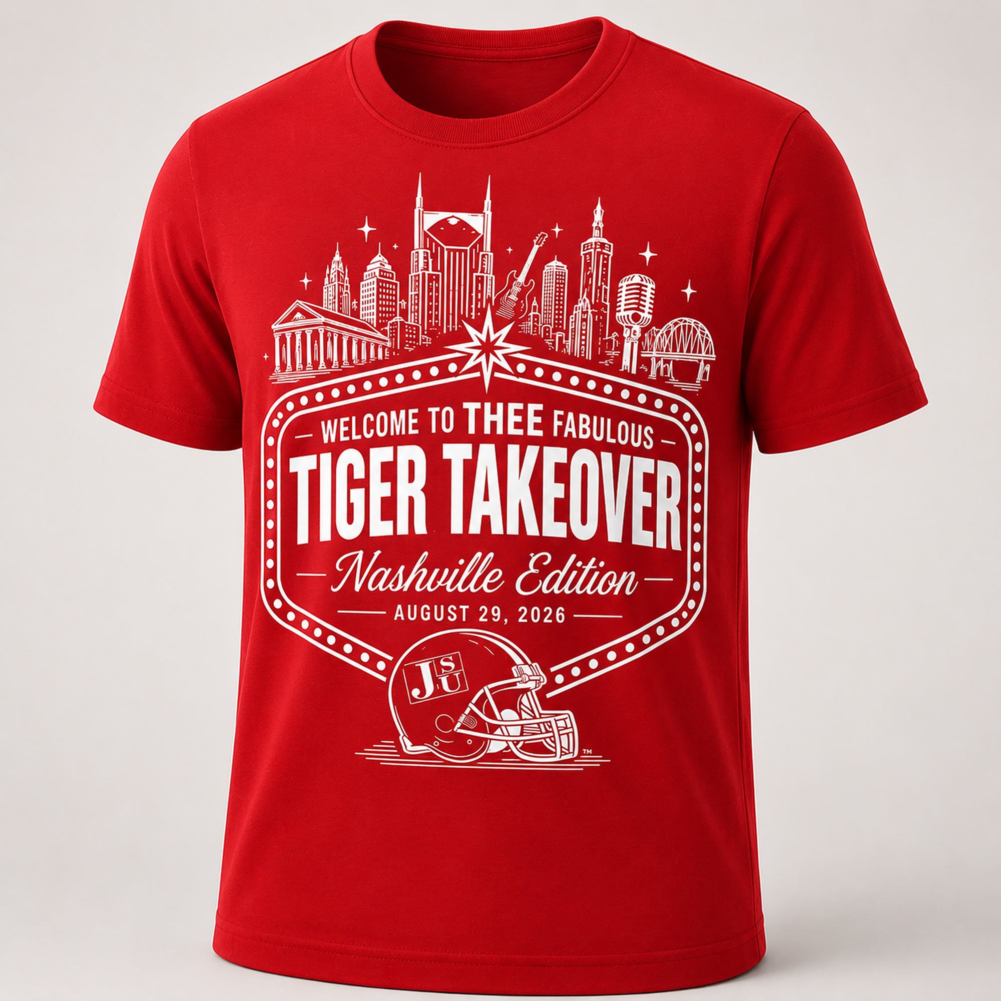 Red Jackson State Nashville Tiger Takeover T-shirt with white design