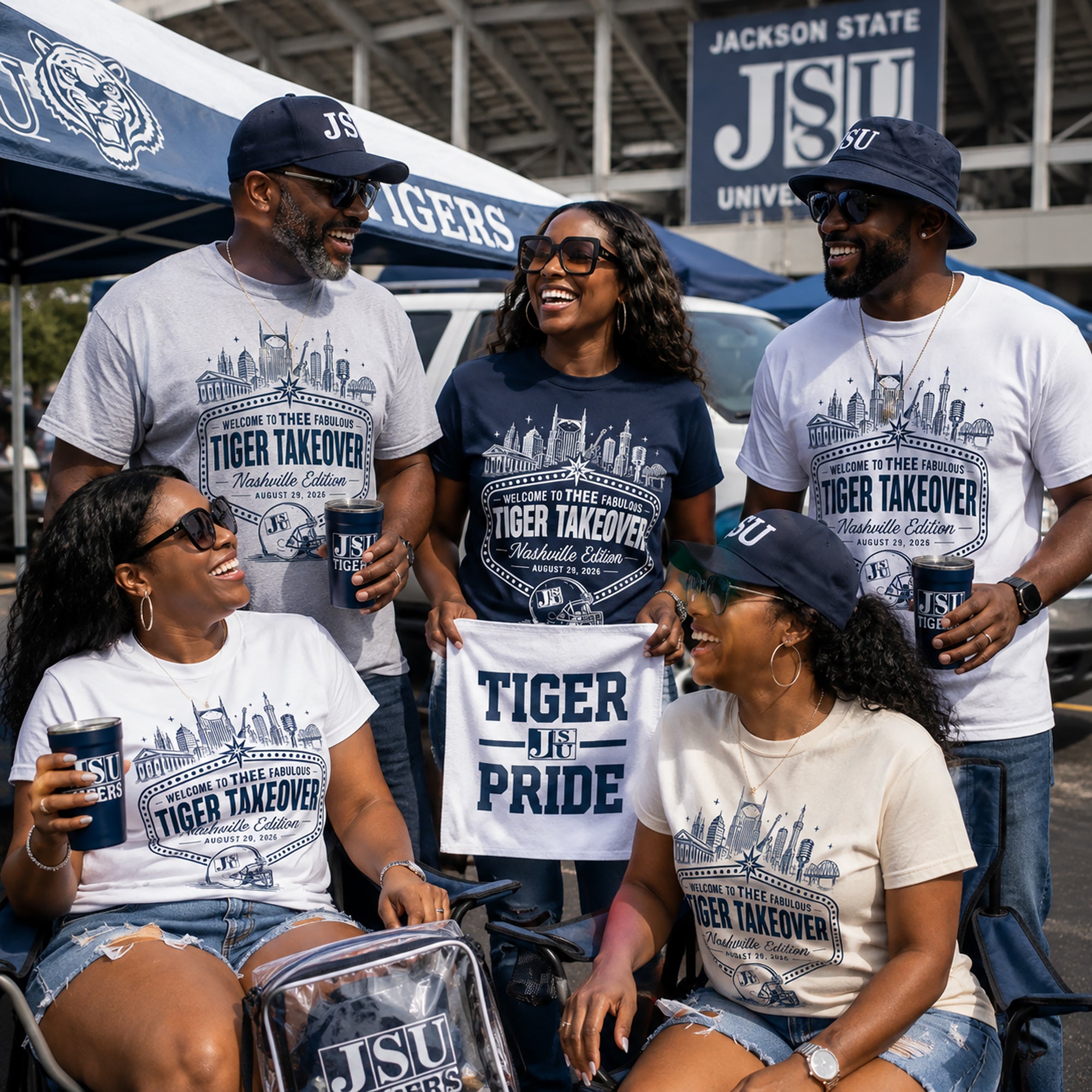 JSU fans wearing Nashville Tiger Takeover shirts at a game-day tailgate