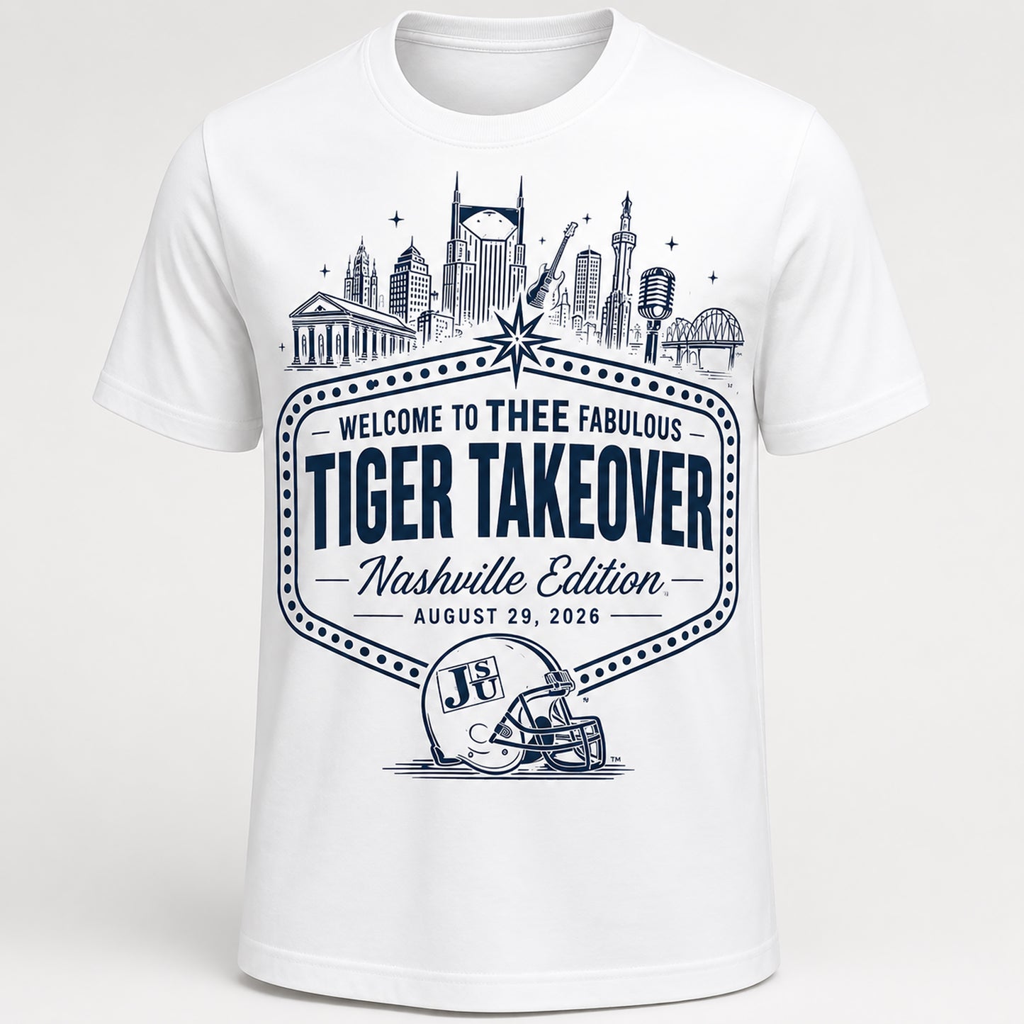 White Jackson State Nashville Tiger Takeover T-shirt with navy design