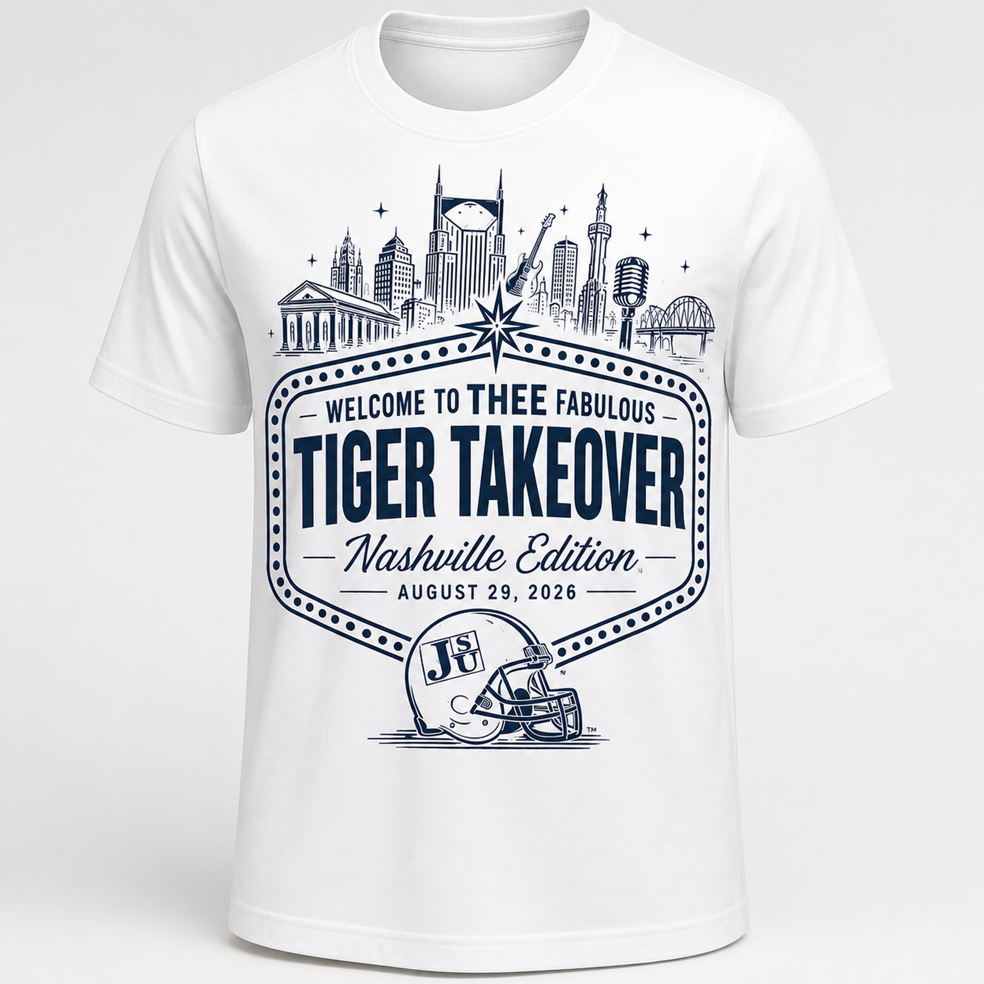 White Jackson State Nashville Tiger Takeover T-shirt with navy design