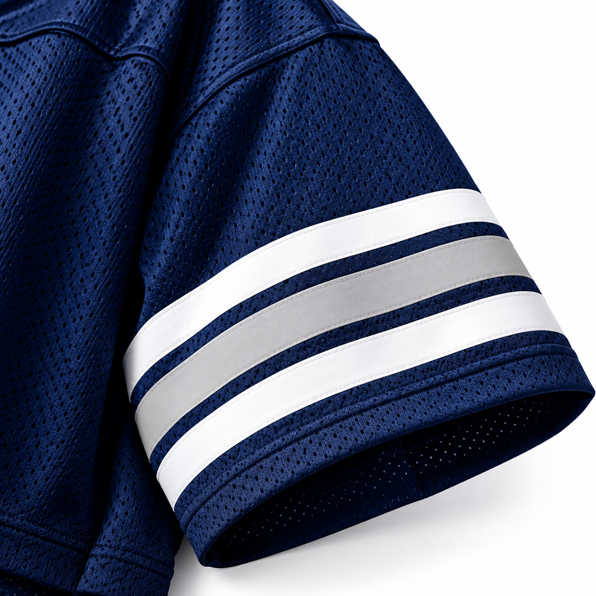 Navy cropped mesh football jersey sleeve detail with white gray white stripes