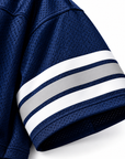 Navy cropped mesh football jersey sleeve detail with white gray white stripes