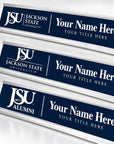 Three custom desk nameplates with a dark blue background and silver metal frames, featuring the Jackson State University logo and customizable text.
