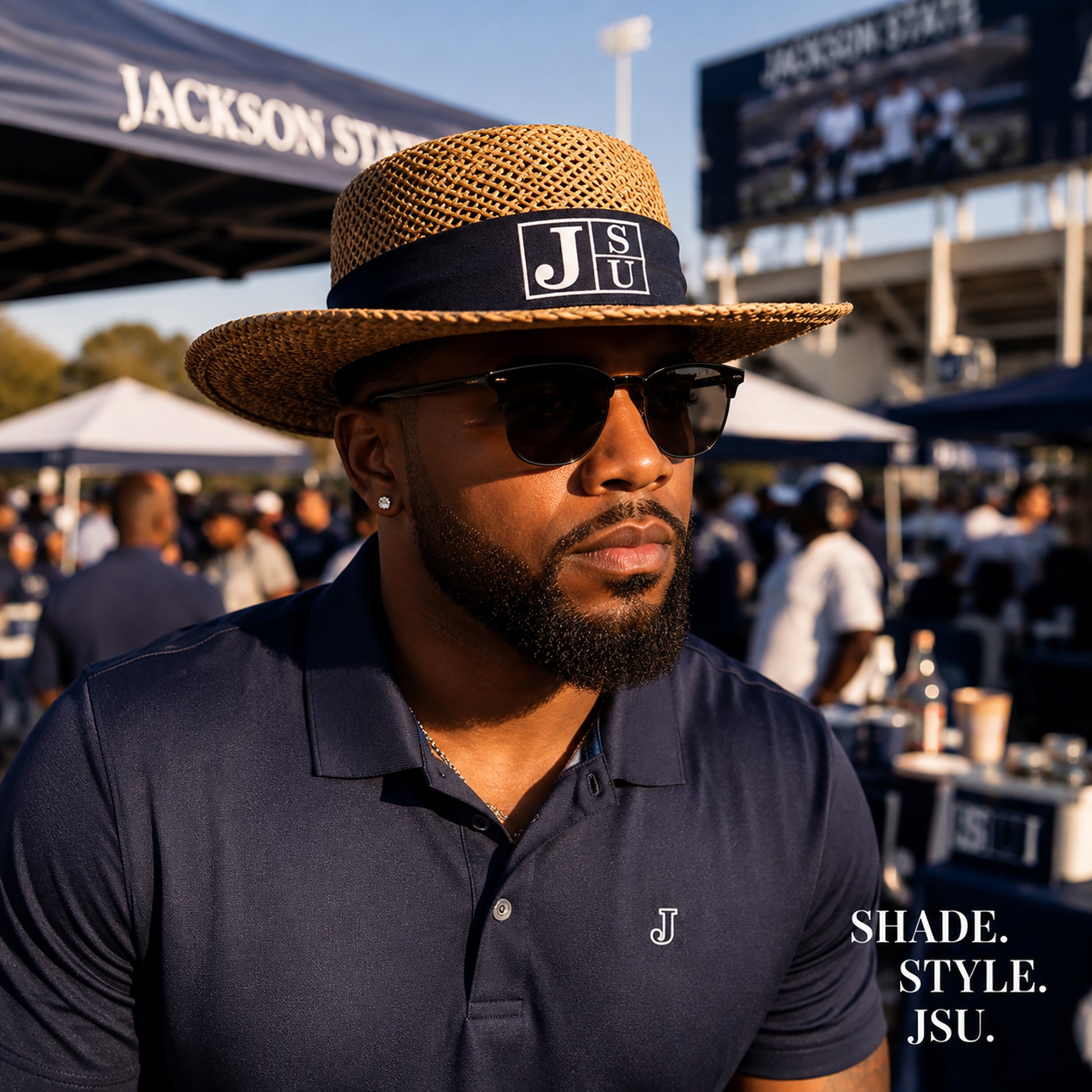 Jackson State University straw gambler hat styled for JSU football game day