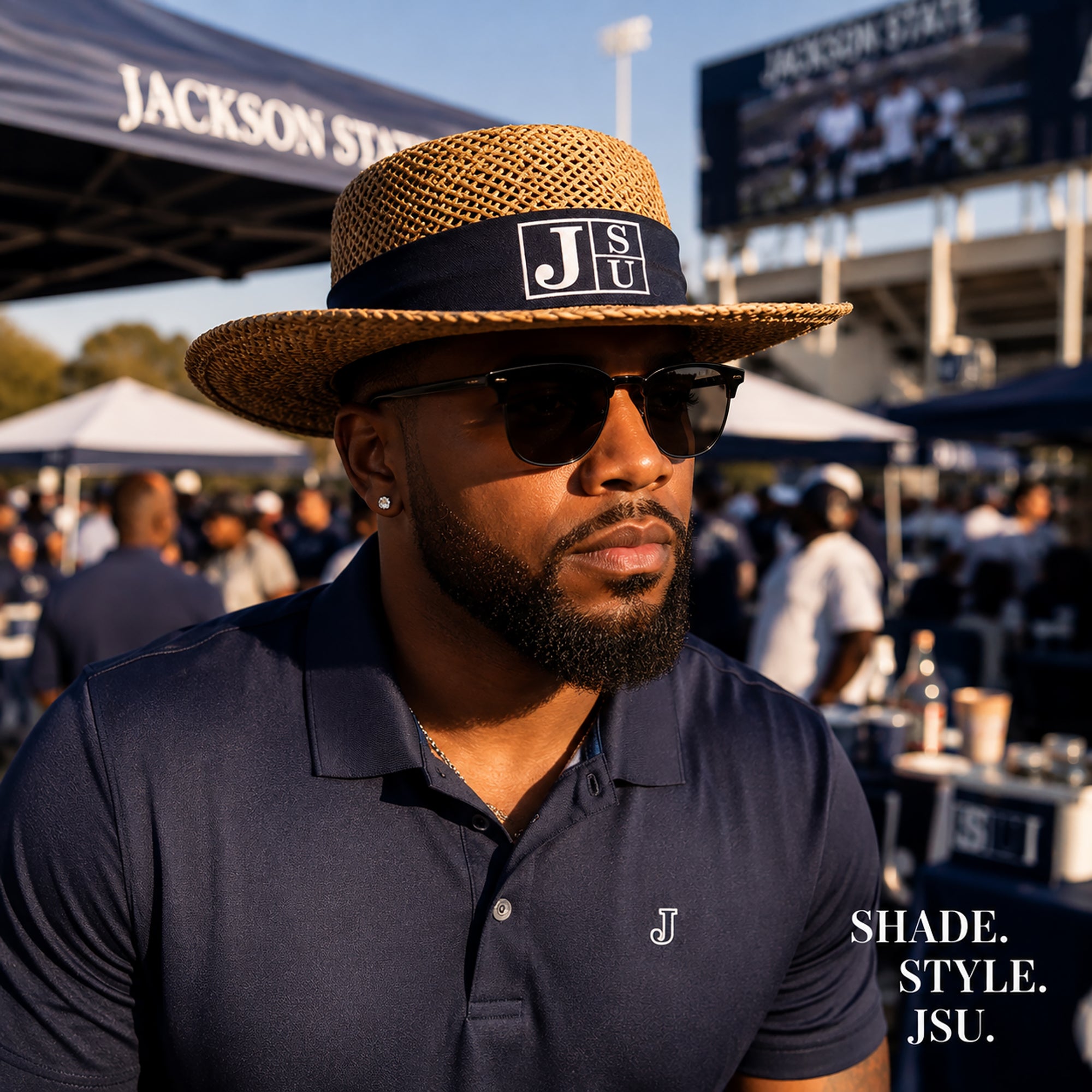 Jackson State University straw gambler hat styled for JSU football game day