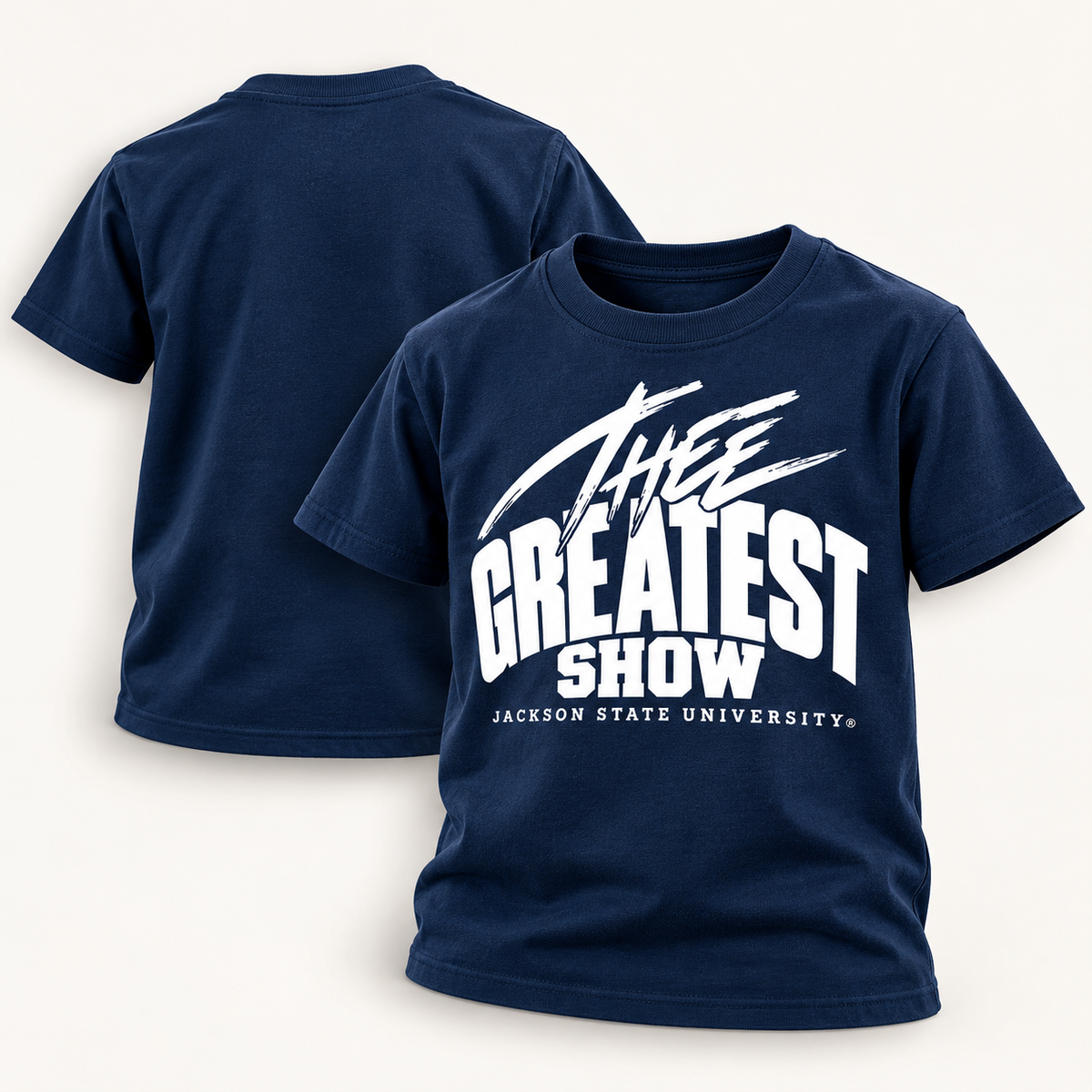 Jackson State Tigers Thee Greatest Show youth navy T-shirt front and back
