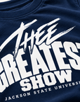 Close-up of Thee Greatest Show print on navy Jackson State youth T-shirt