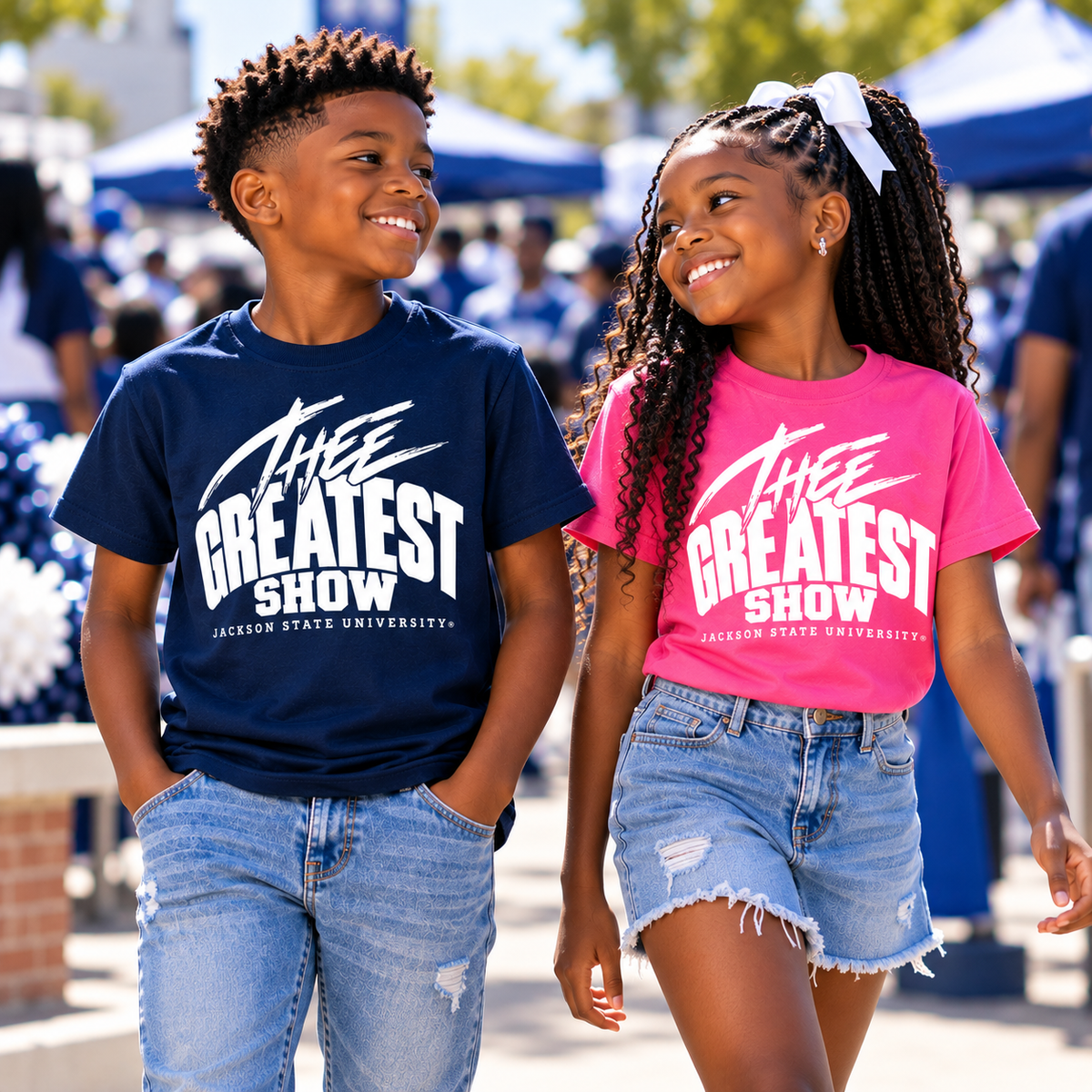 Two children wearing Jackson State Tigers Thee Greatest Show youth T-shirts