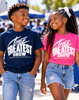 Two children wearing Jackson State Tigers Thee Greatest Show youth T-shirts