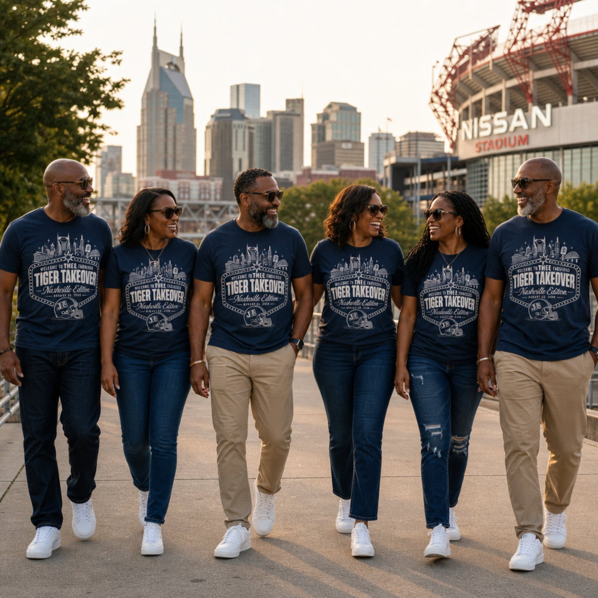 Six people walking hand in hand outdoors in matching navy blue jackson state nashville tiger takeover t-shirts against a city skyline with a Nissan Stadium background.