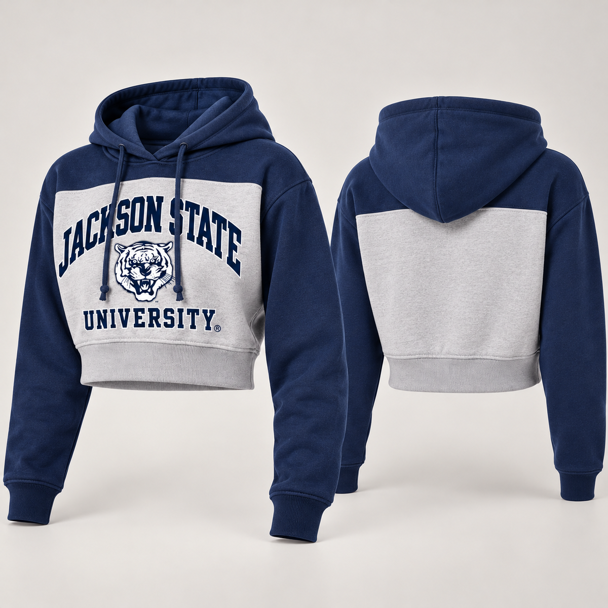 Jackson State Tigers women's navy fleece shorts with Tiger Head front view