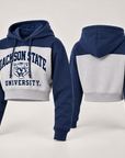 Jackson State Tigers women's navy fleece shorts with Tiger Head front view