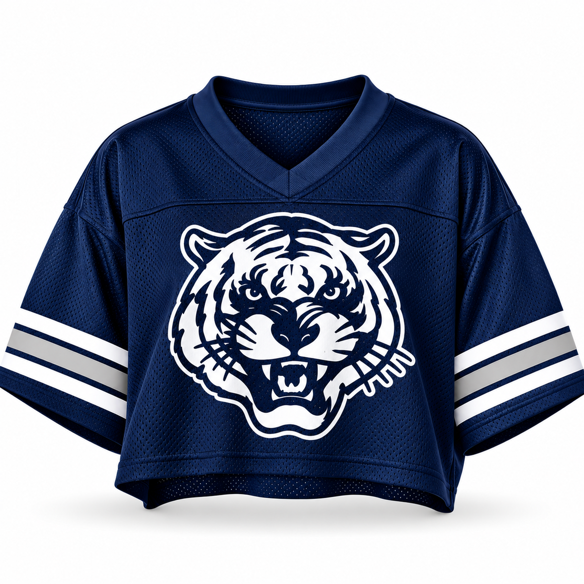 Jackson State Tigers Tiger Head women's navy cropped mesh football jersey front view