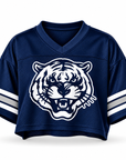 Jackson State Tigers Tiger Head women's navy cropped mesh football jersey front view