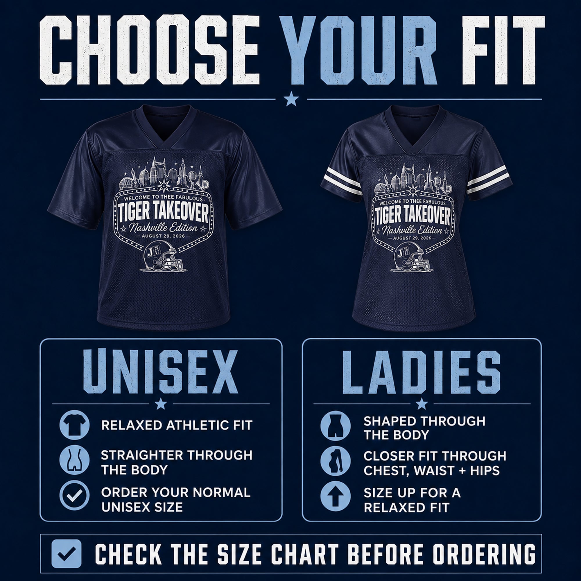 Navy jersey options with Tiger Takeover Nashville Edition print and white sleeve stripes