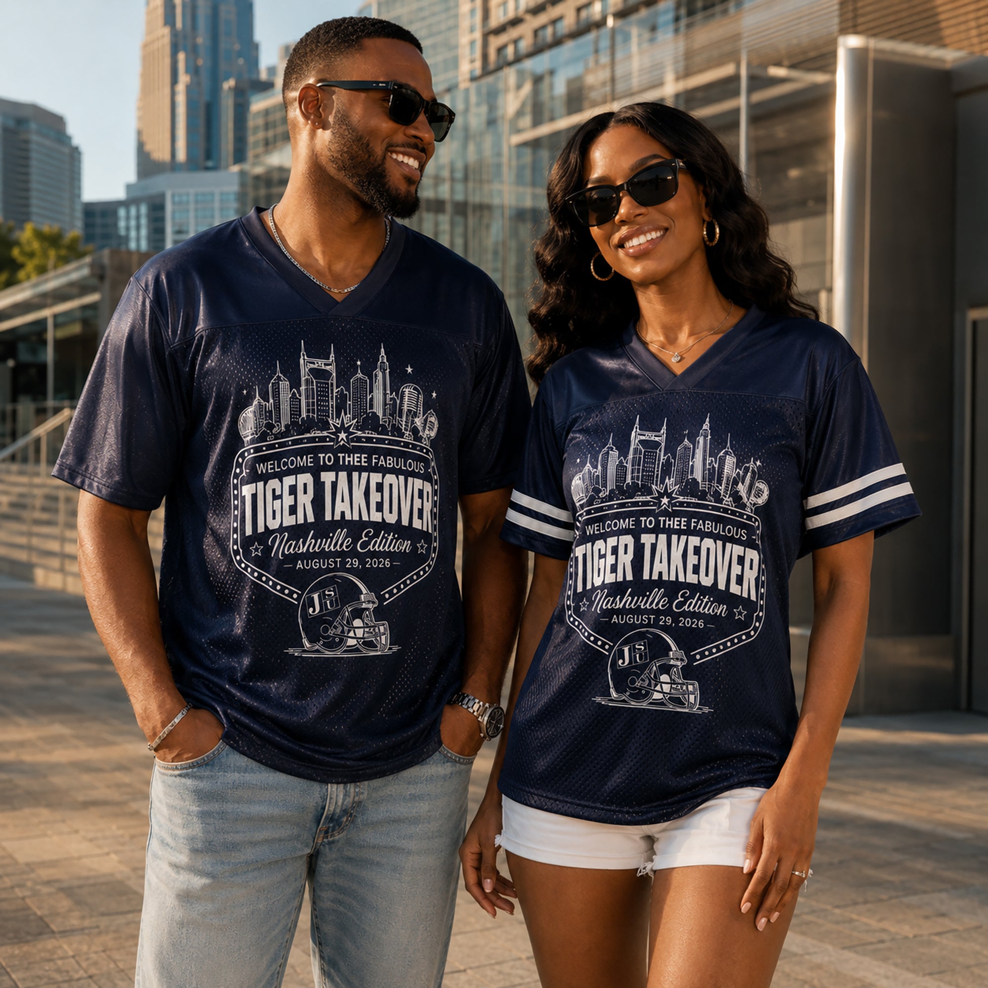 Navy Tiger Takeover Nashville Edition V-neck jerseys on two people