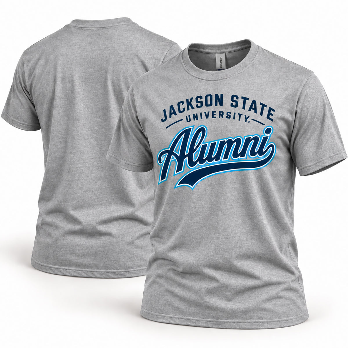 Jackson State Tigers Alumni Script T-Shirt in Athletic Heather Gray, front and back view