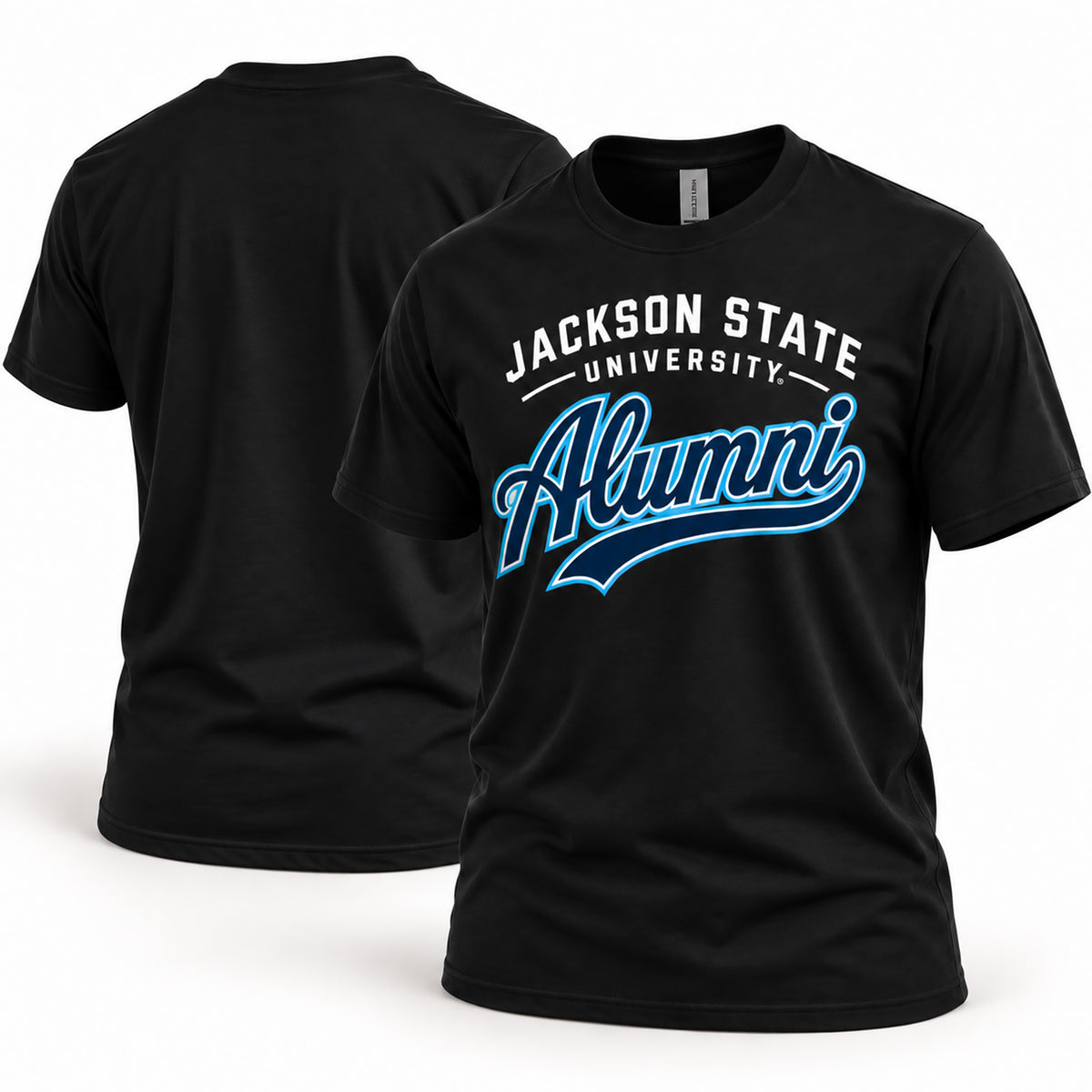 Jackson State Tigers Alumni Script T-Shirt in Black, front and back view