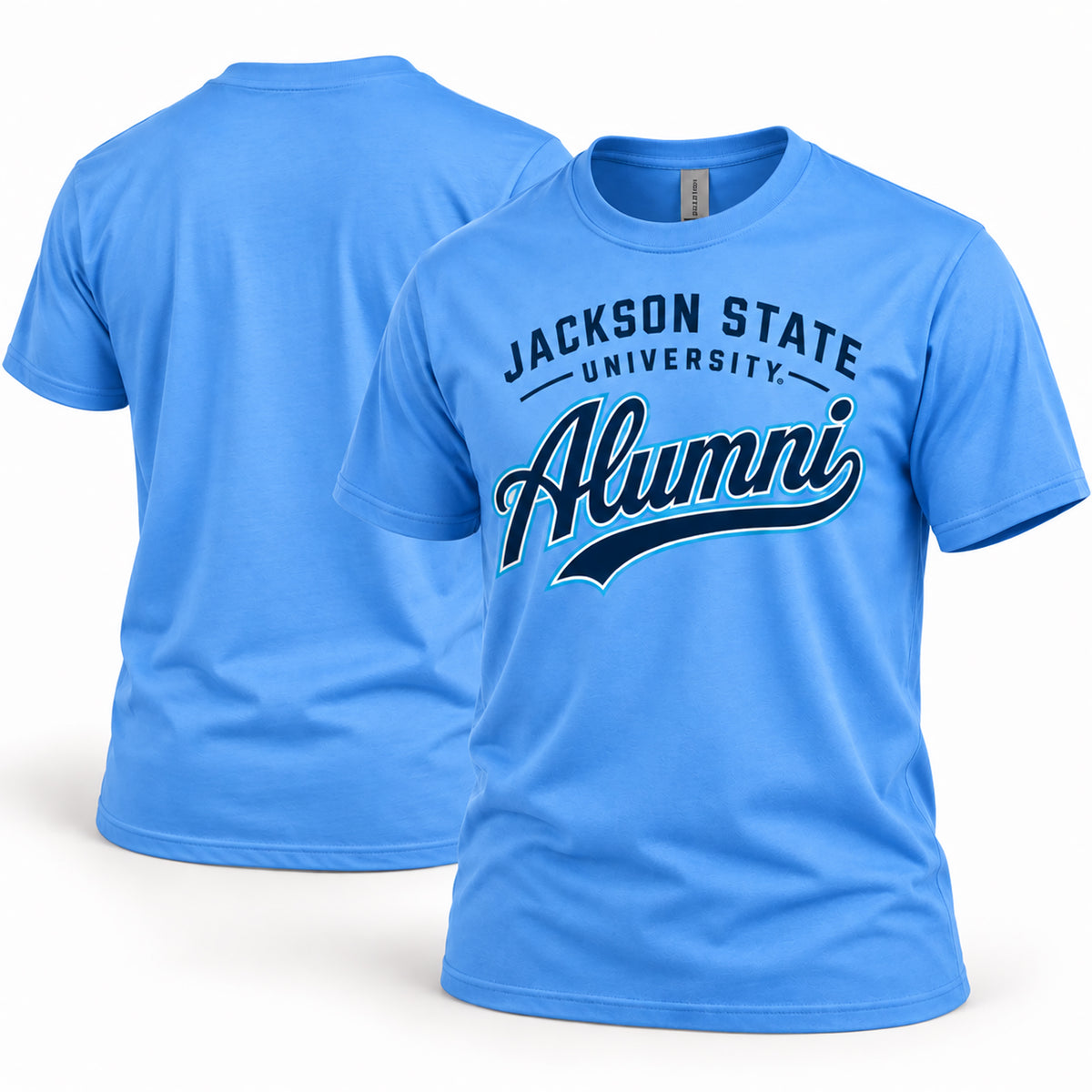 Jackson State Tigers Alumni Script T-Shirt in Boom Blue, front and back view