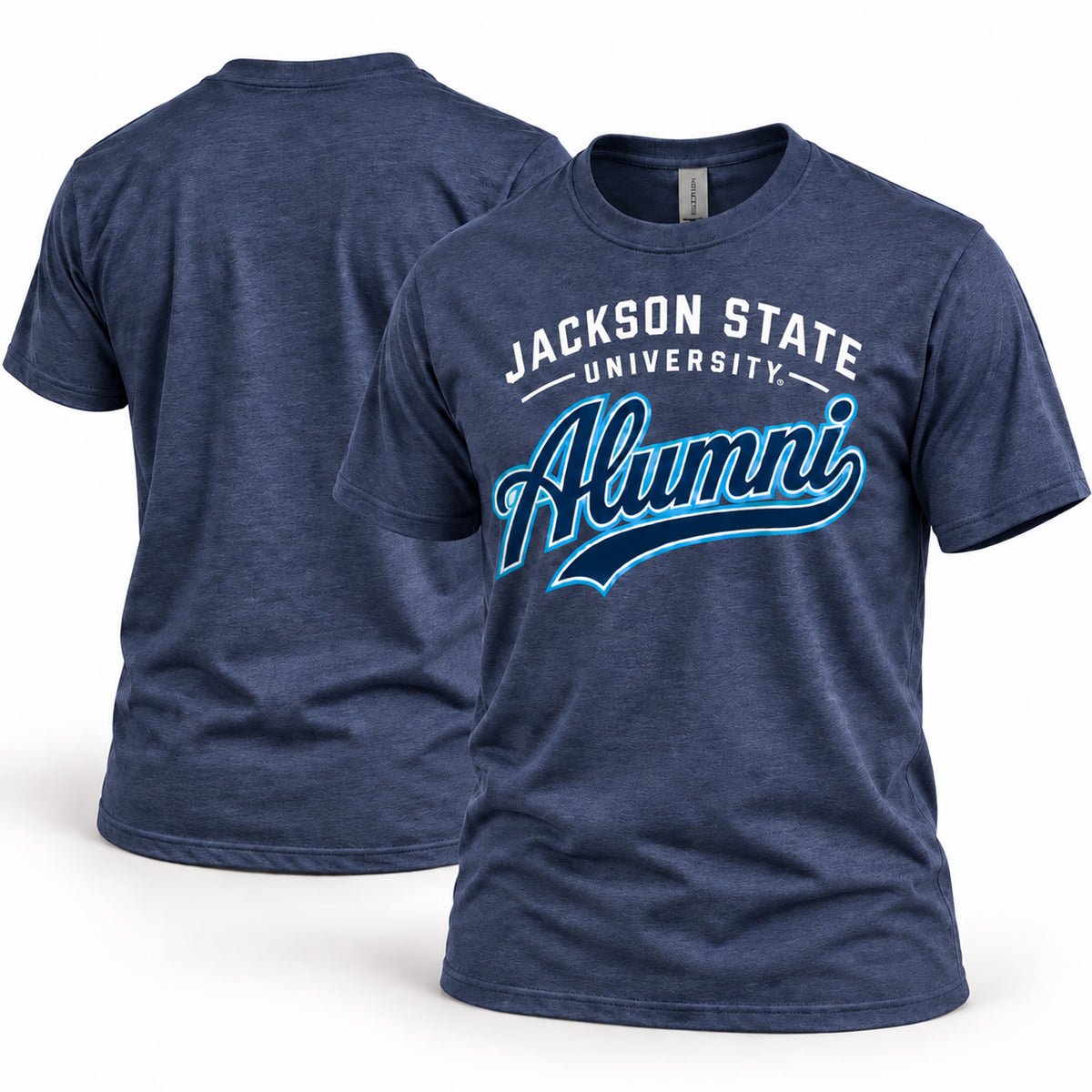 Jackson State Tigers Alumni Script T-Shirt in Heather Navy, front and back view