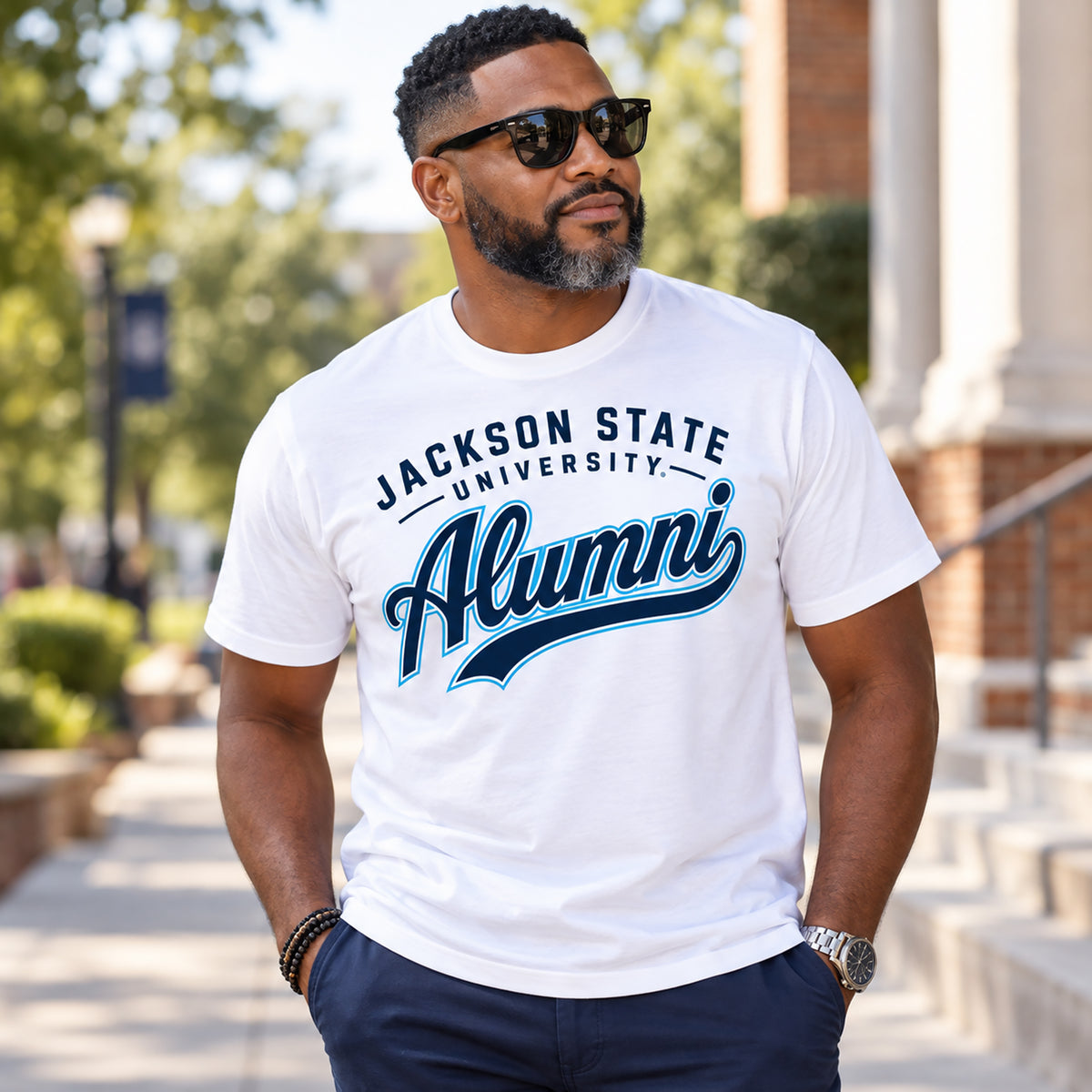 Black alumnus wearing a Jackson State Tigers Alumni Script T-Shirt
