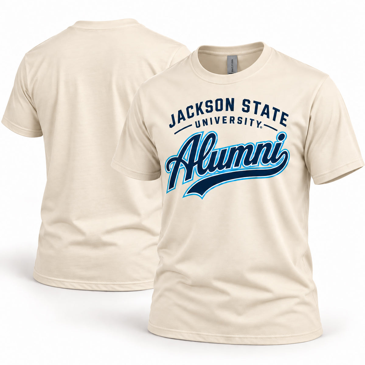 Jackson State Tigers Alumni Script T-Shirt in natural, front and back view