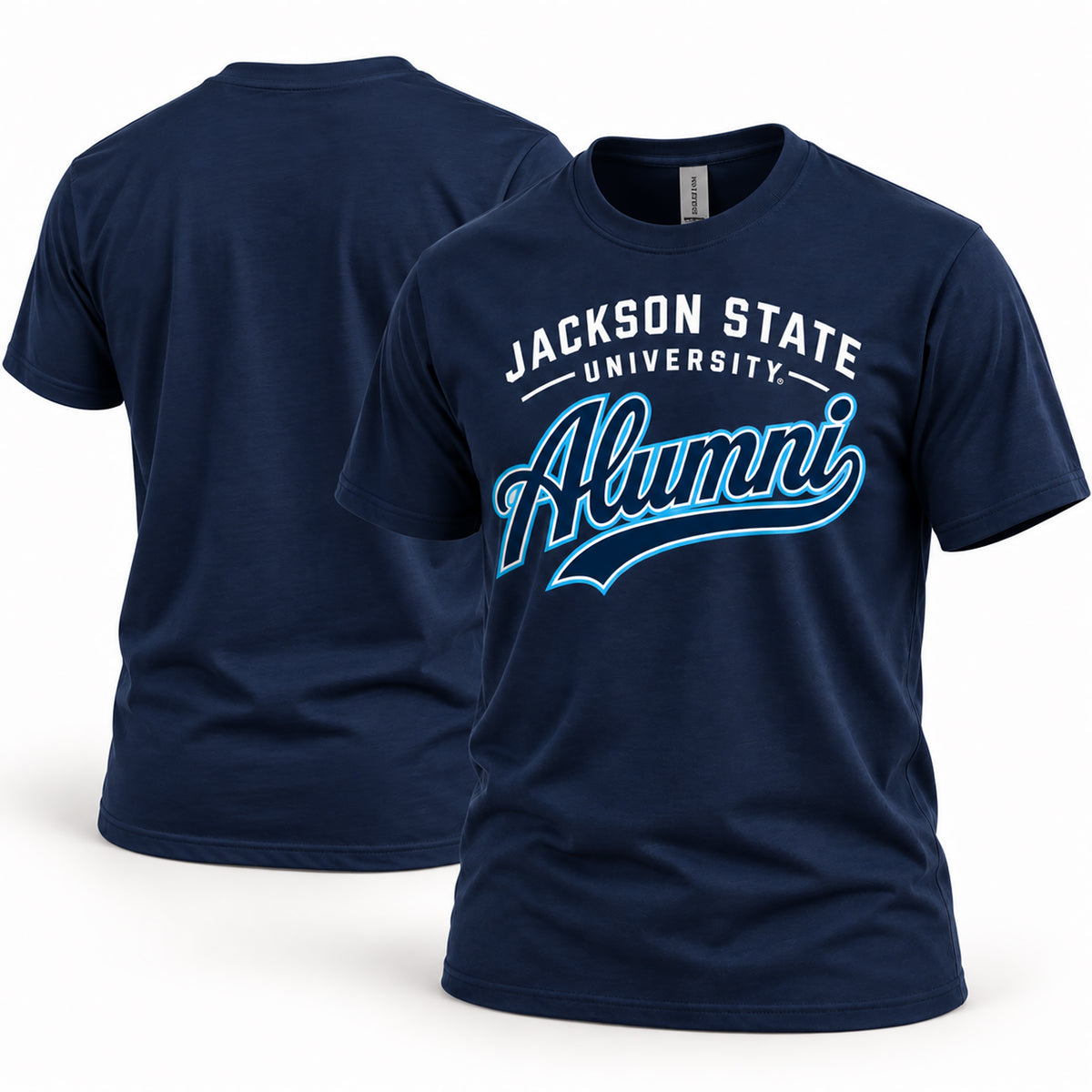 Jackson State Tigers Alumni Script T-Shirt in navy blue, front and back view