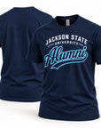 Jackson State Tigers Alumni Script T-Shirt in navy blue, front and back view