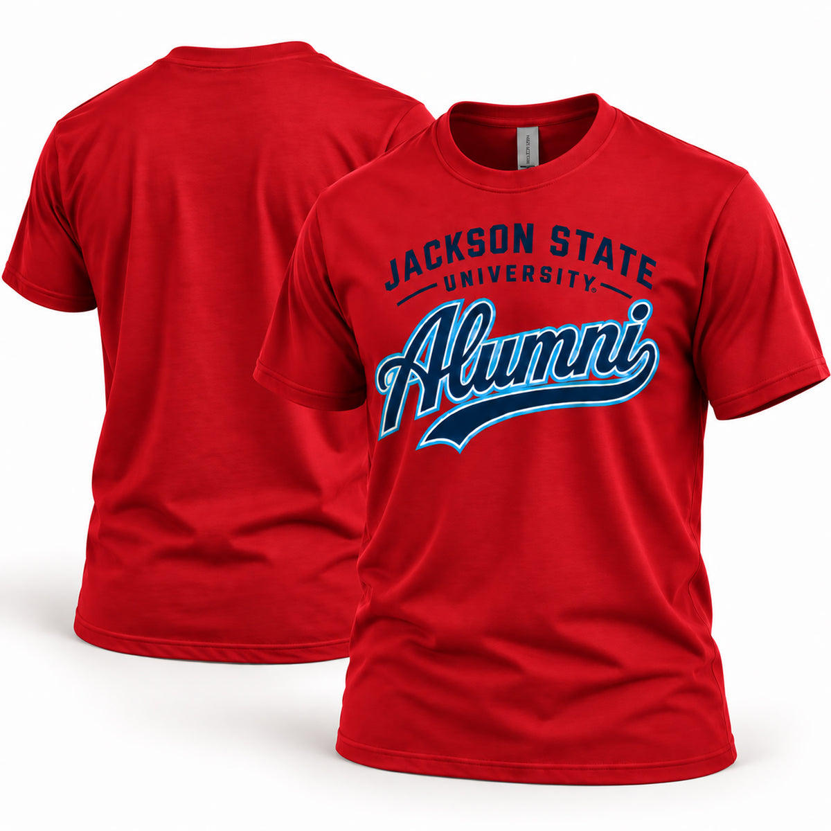 Jackson State Tigers Alumni Script T-Shirt in red, front and back view