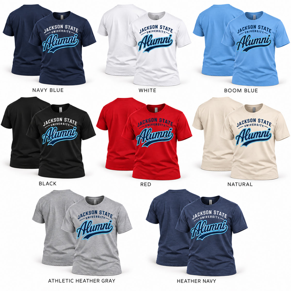 Jackson State Tigers Alumni Script T-Shirts shown in available colors