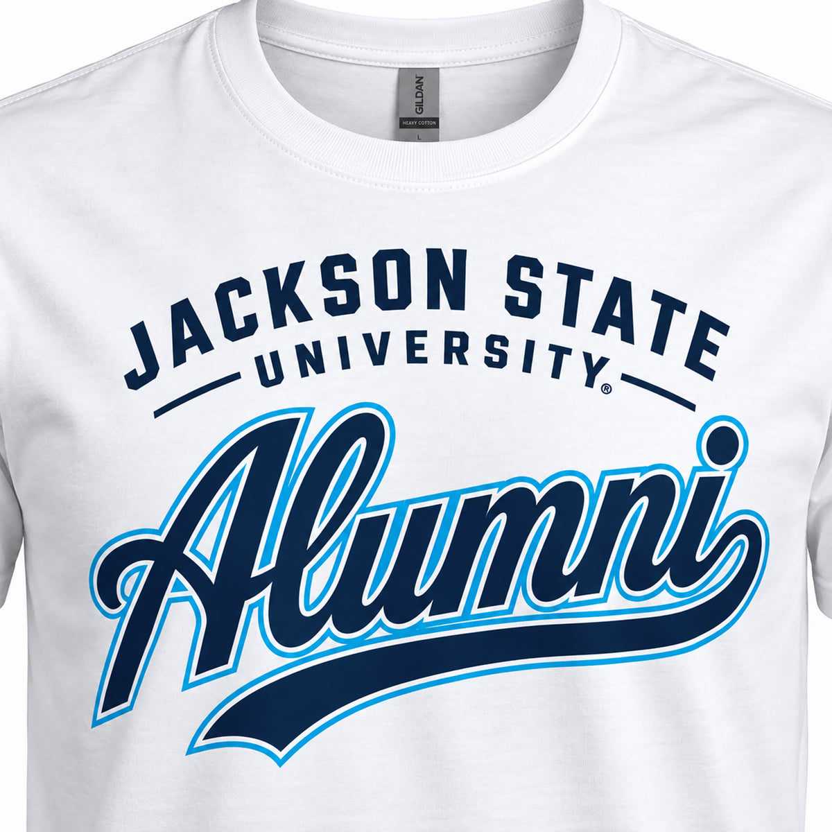 Close-up of Jackson State Tigers Alumni Script design on white T-shirt