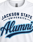 Close-up of Jackson State Tigers Alumni Script design on white T-shirt