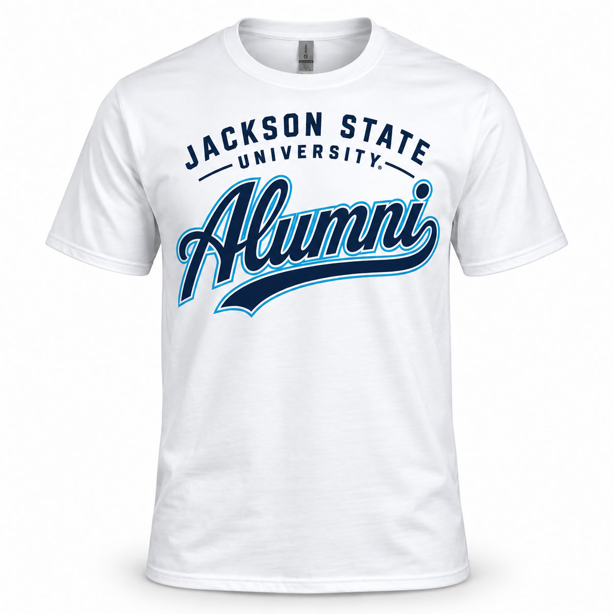 Front view of Jackson State Tigers Alumni Script T-Shirt in white