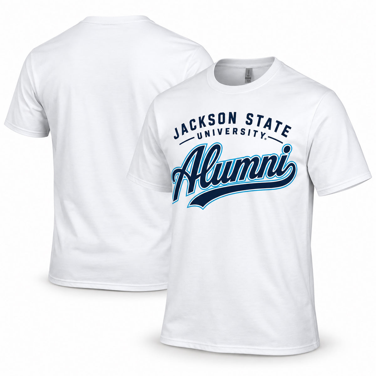 Jackson State Tigers Alumni Script T-Shirt in white, front and back view