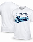 Jackson State Tigers Alumni Script T-Shirt in white, front and back view
