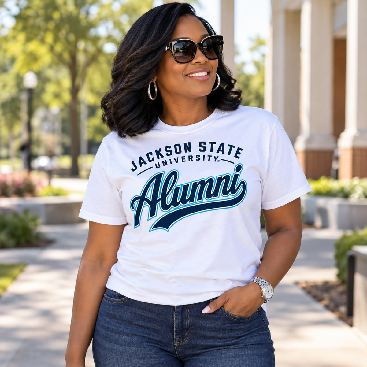 Black alumna wearing a white Jackson State Tigers Alumni Script T-Shirt
