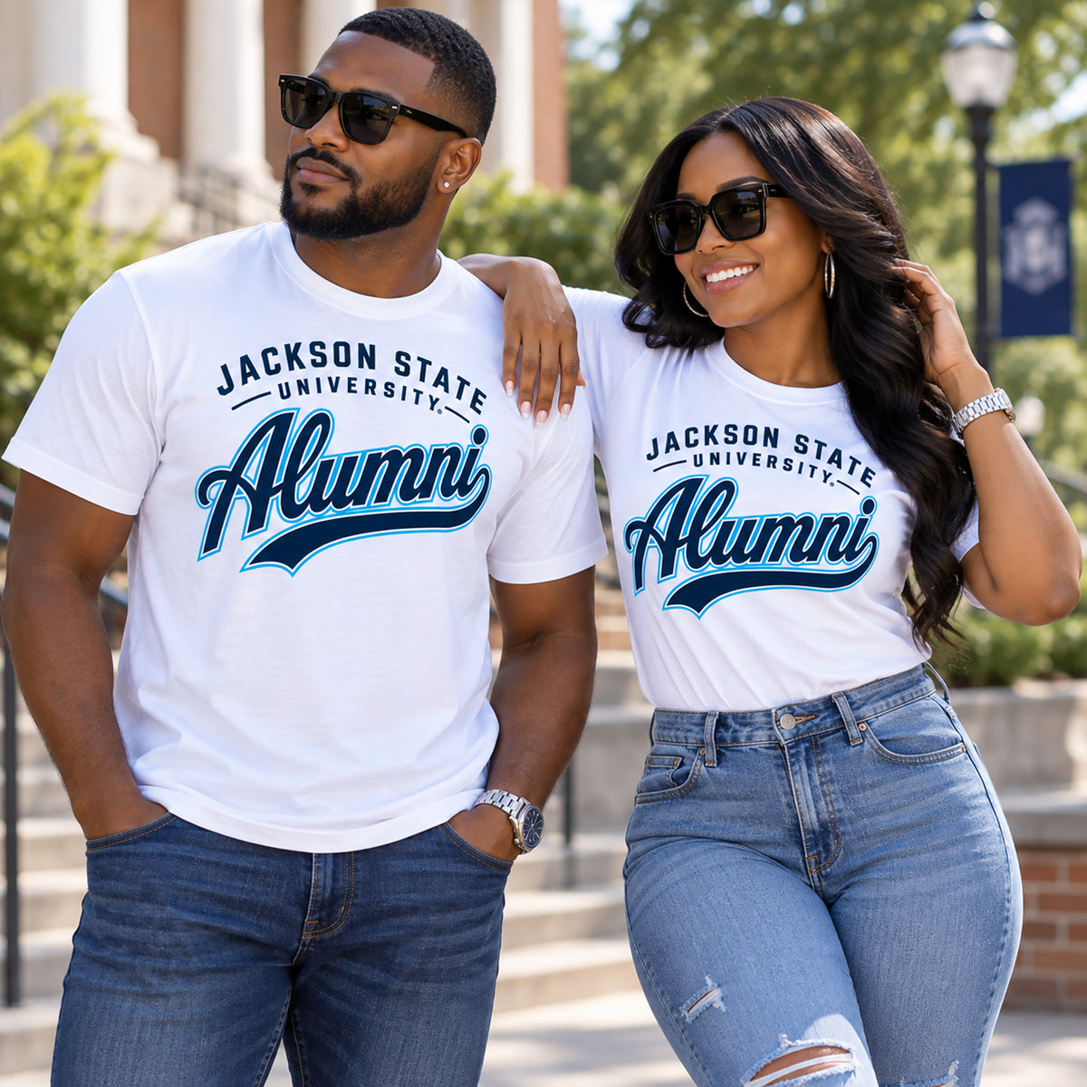 Young Black alumni wearing Jackson State Tigers Alumni Script T-Shirts