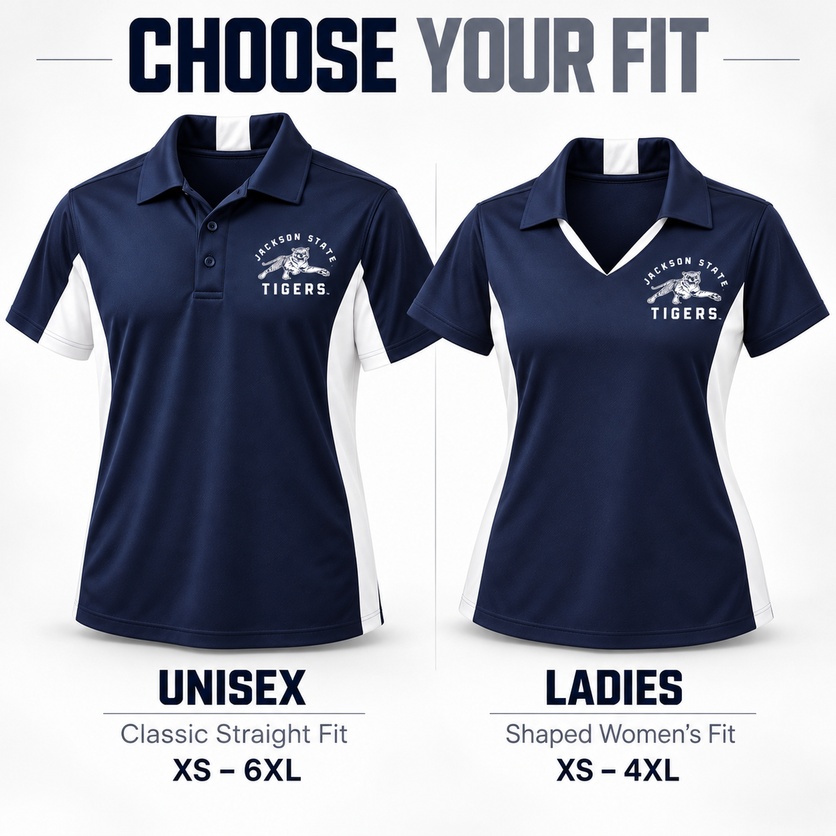 Jackson State Tigers Performance Polo Unisex and Ladies fit comparison