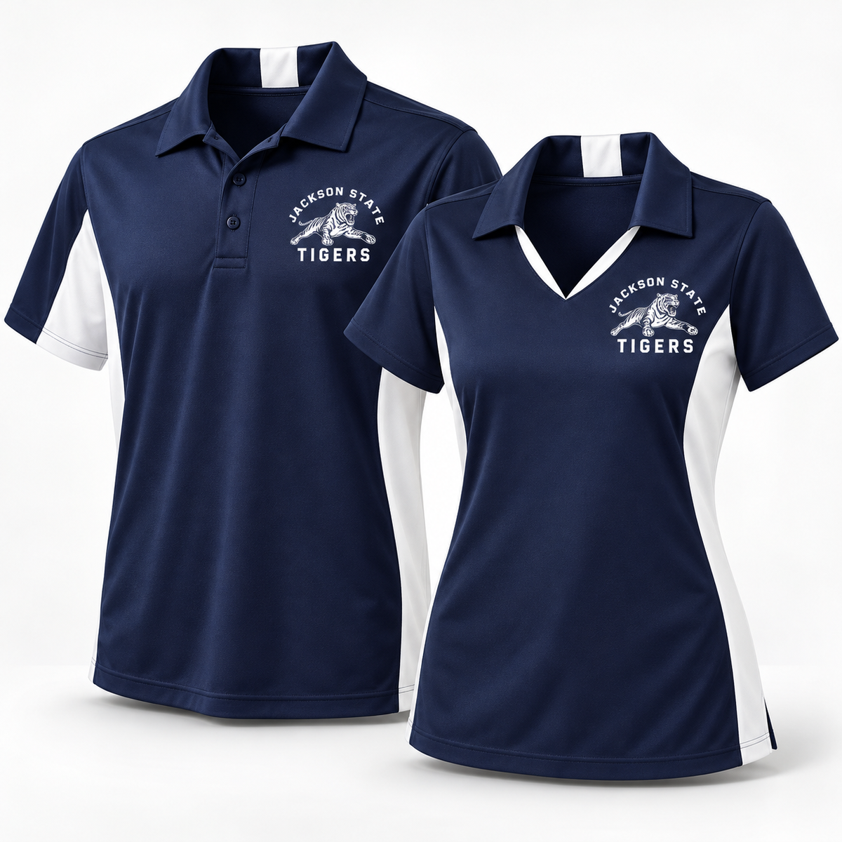 Jackson State Tigers True Navy and White Performance Polo in Unisex and Ladies fits