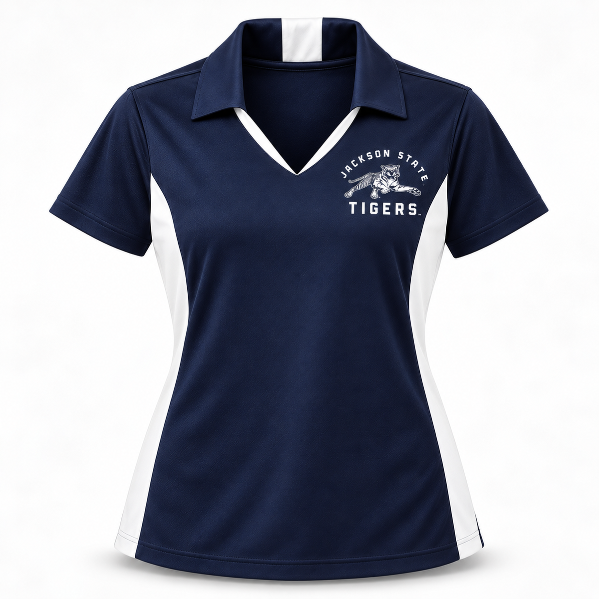 Jackson State Tigers True Navy and White Ladies Performance Polo front view