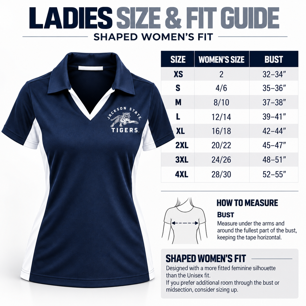 Jackson State Tigers Performance Polo Ladies size and fit guide XS through 4XL