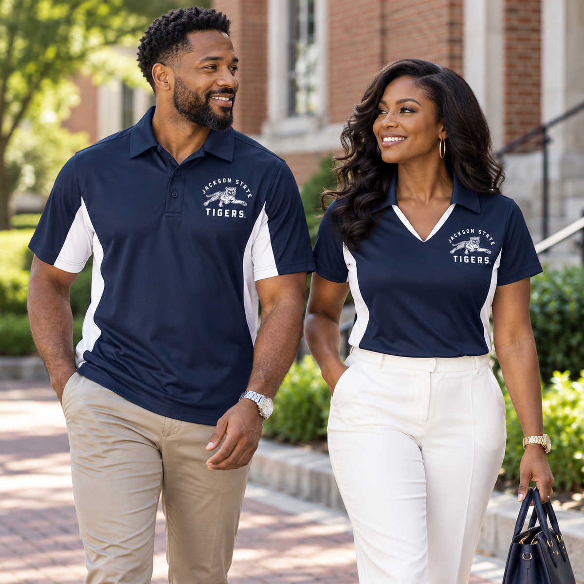 Black man and woman wearing Jackson State Tigers True Navy and White performance polos